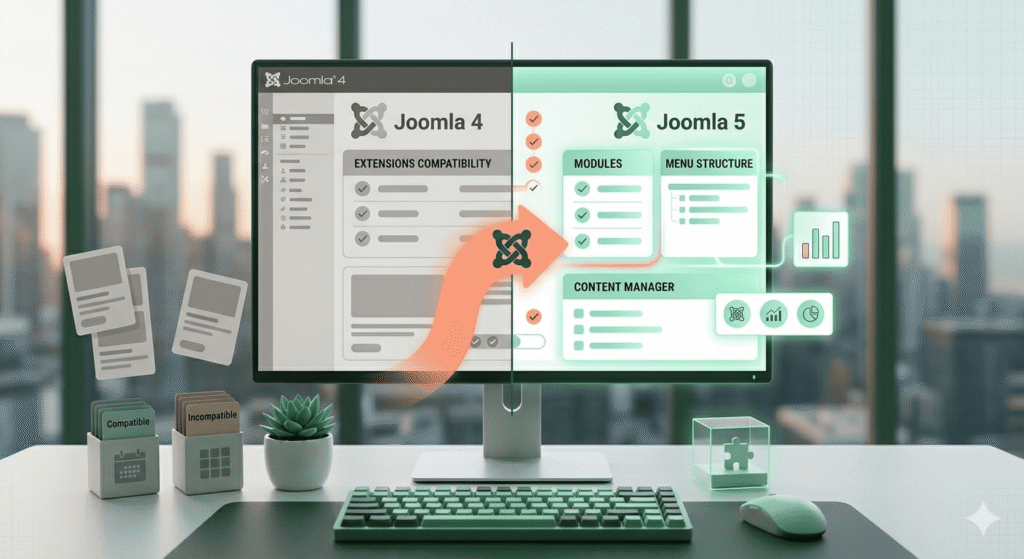 Website compatibility checklist on screen for Joomla 5 migration audit including extensions and PHP version checks