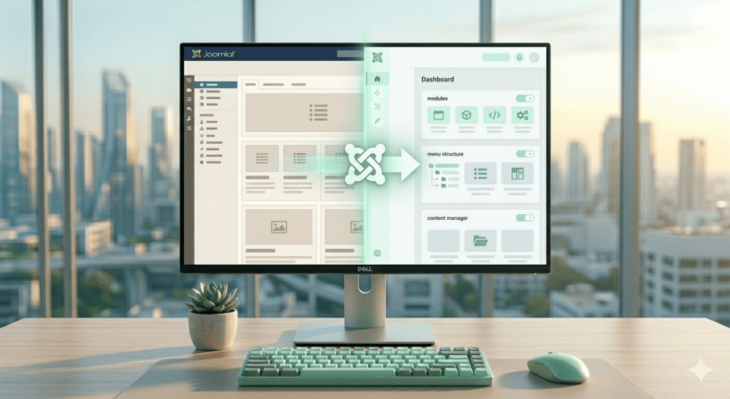 Laptop showing a Joomla 5 migration dashboard with upgrade checklist for a small business website